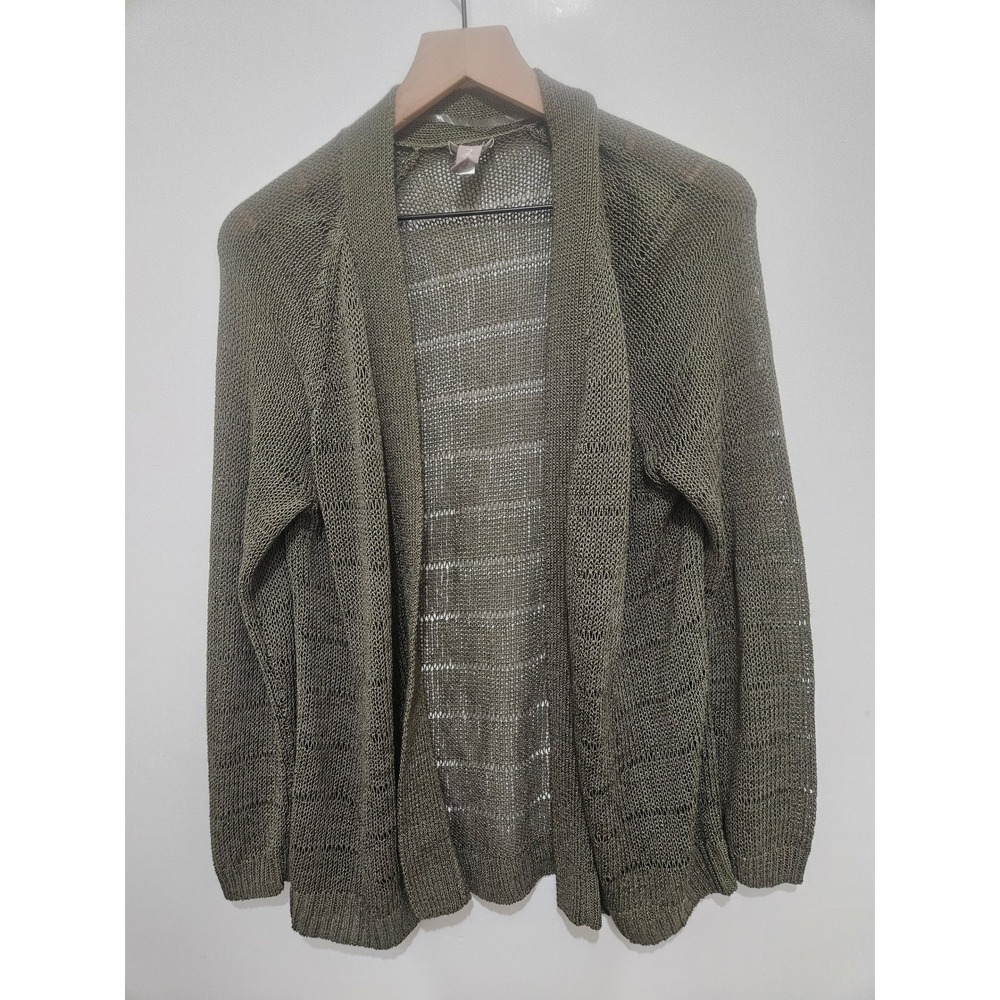 Chico's Olive Green Open Knit Metallic Cardigan Sweater‎ Size 2 L Open Front